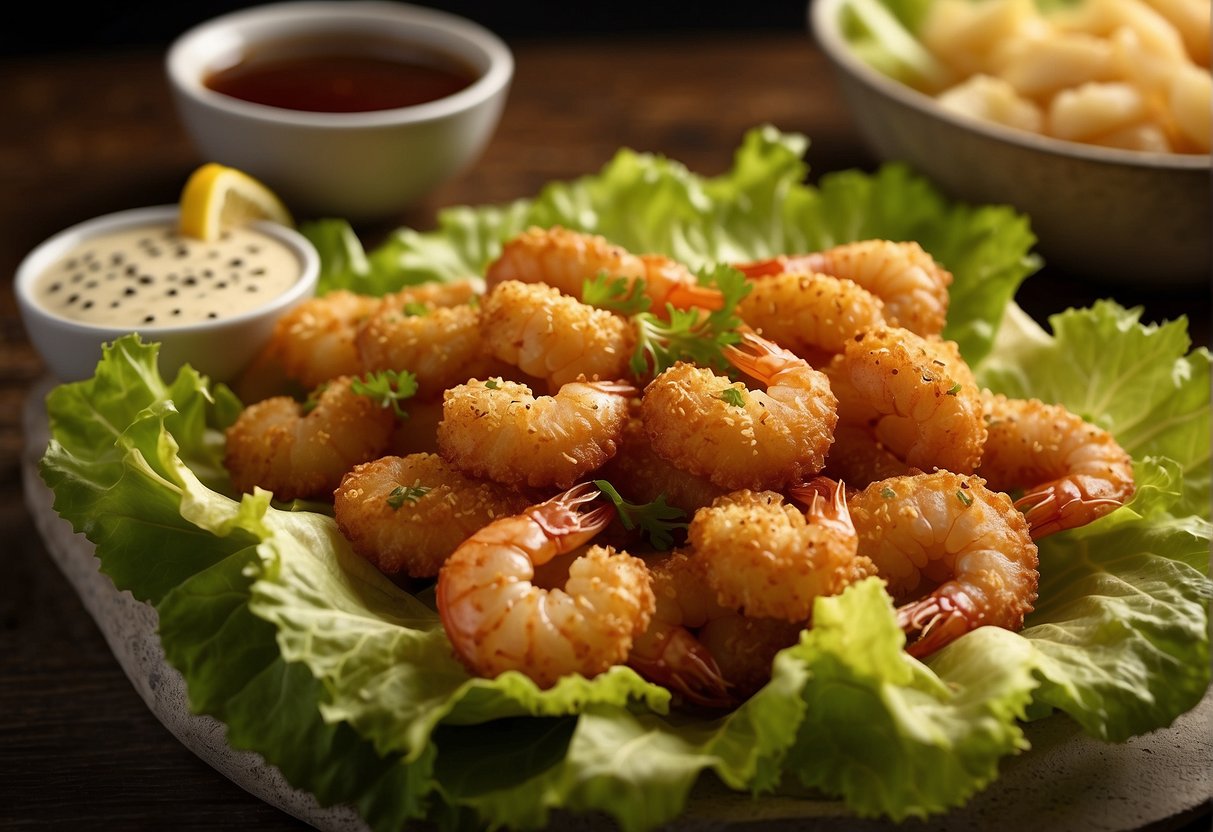 Golden deep-fried prawns arranged on a bed of lettuce, garnished with sesame seeds and accompanied by a side of sweet and sour dipping sauce