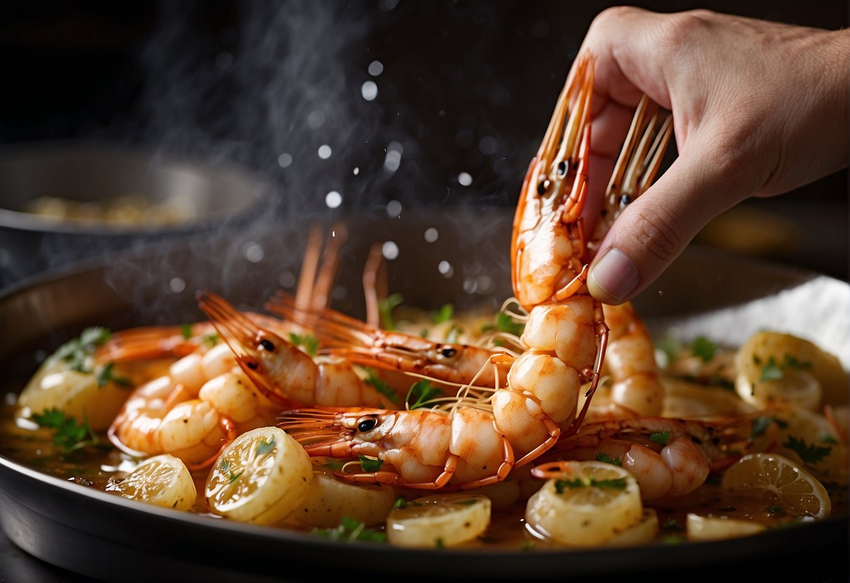 Golden prawns sizzle in bubbling oil, surrounded by aromatic spices and herbs. A chef's hand dips them into a savory batter before dropping them into the hot fryer