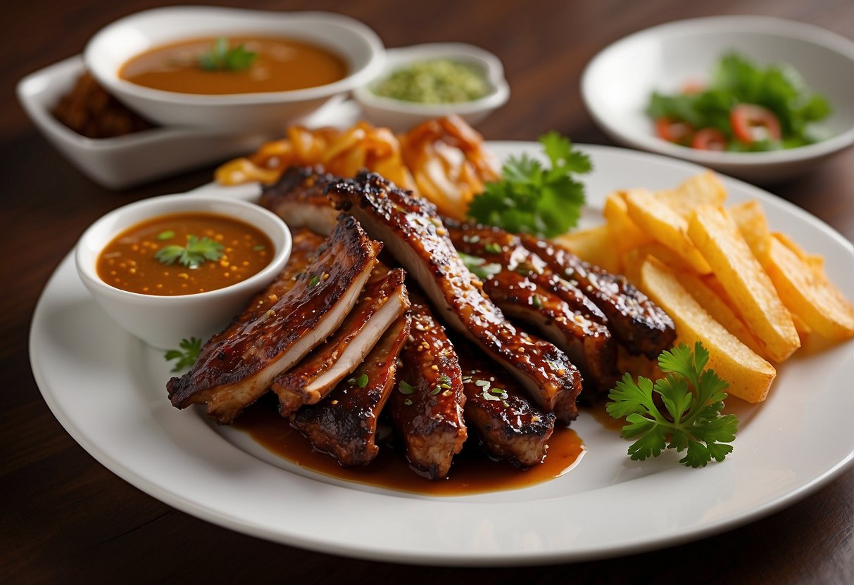 Golden brown pork ribs arranged on a white platter with garnishes and dipping sauce