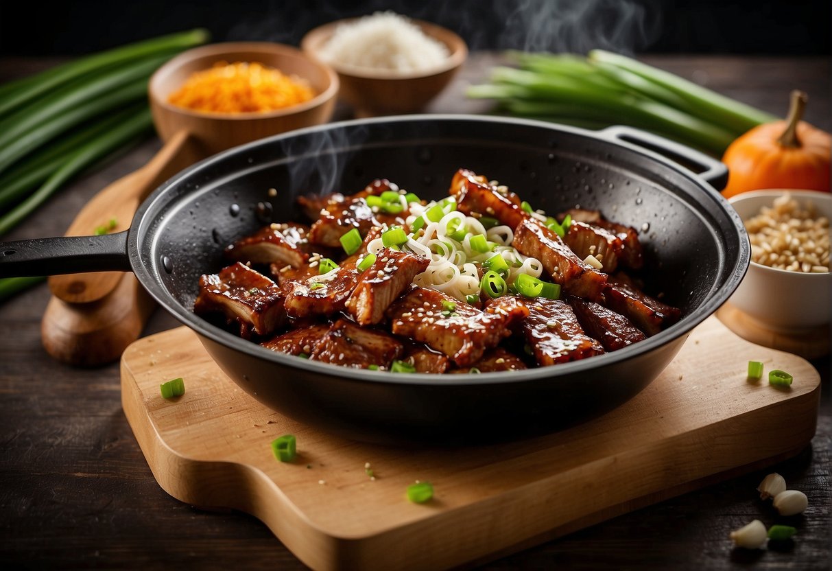 Golden brown pork ribs sizzling in a wok, surrounded by aromatic garlic, ginger, and green onions. A splash of soy sauce and a sprinkle of sesame seeds add the finishing touch