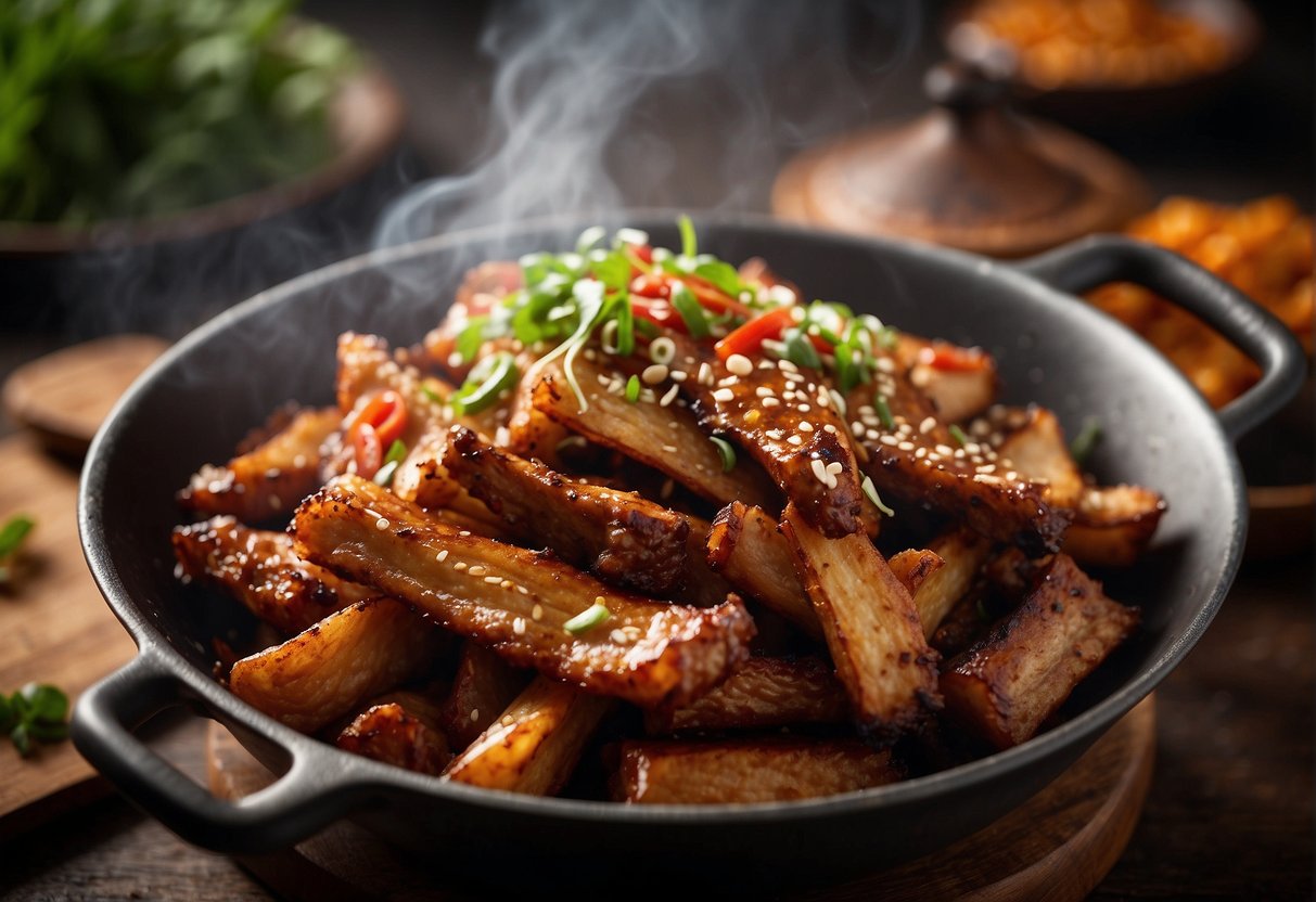 A sizzling wok fries up crispy pork ribs in a fragrant Chinese spice blend, creating a mouthwatering aroma