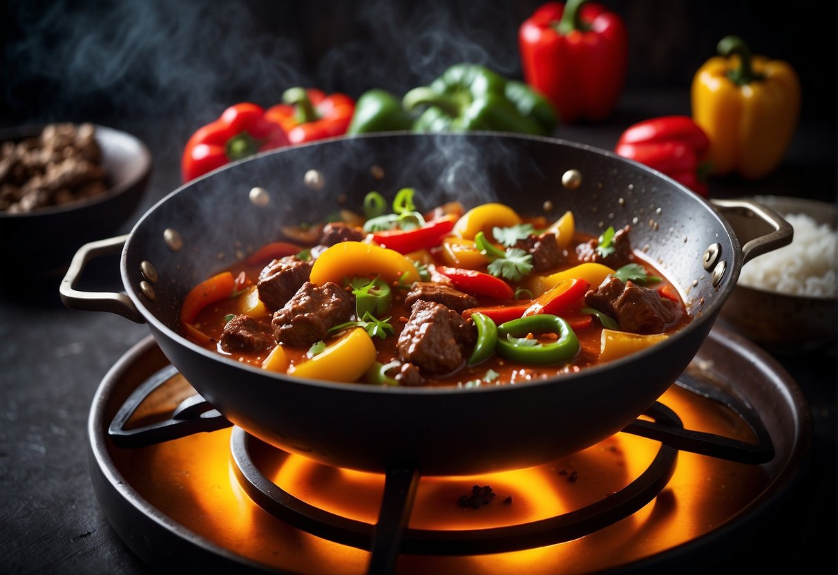 A wok sizzles with tender beef, colorful bell peppers, and aromatic spices in a fragrant Chinese beef curry. A steamy kitchen fills with the rich, savory aroma