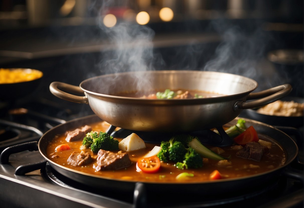 A steaming pot of Chinese beef curry simmers on a stove, filled with tender chunks of beef, vibrant vegetables, and fragrant spices