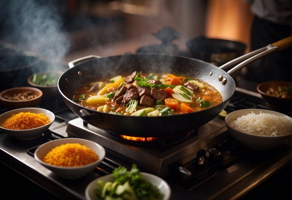 A wok sizzles as beef simmers in fragrant curry sauce. Ginger, garlic, and spices fill the air. Fresh vegetables wait to be added