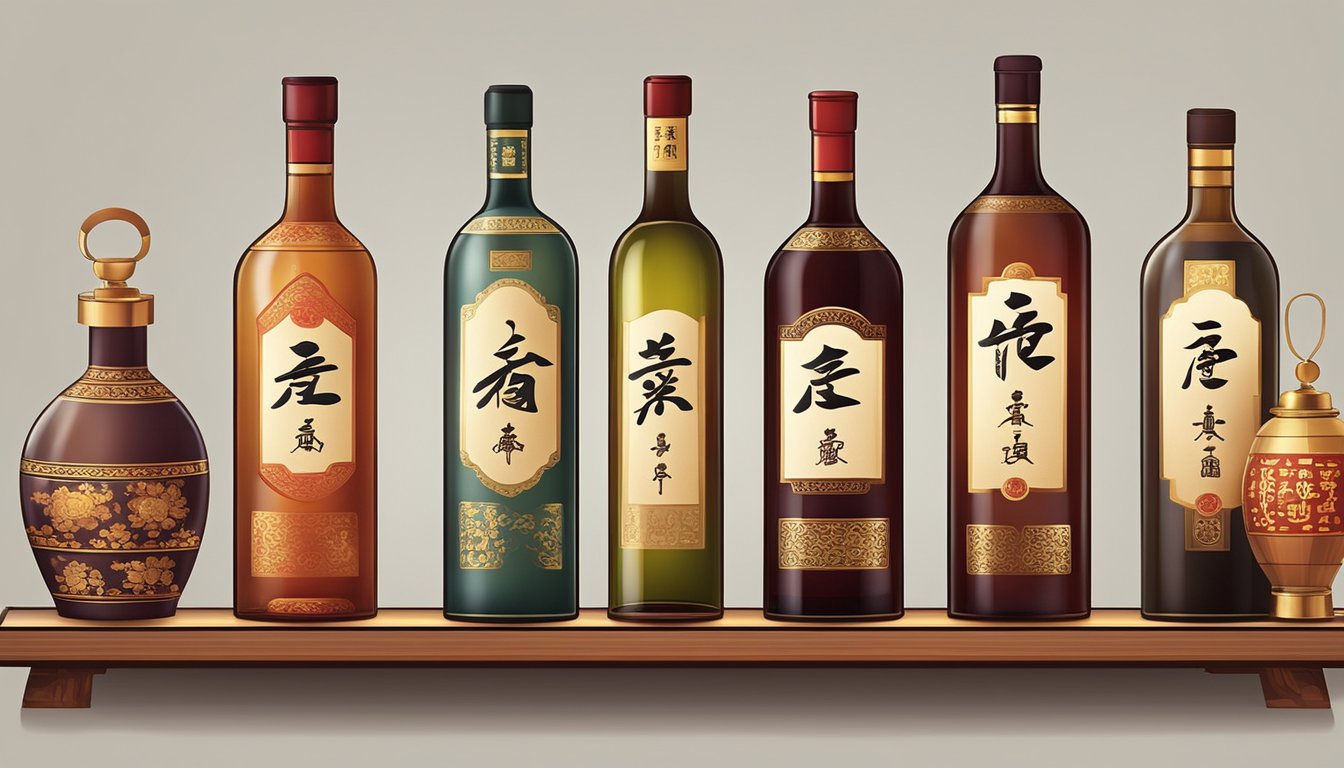 Bottles of Chinese wine stand on a wooden shelf, each adorned with elegant labels and traditional Chinese characters. The warm glow of a lantern illuminates the display