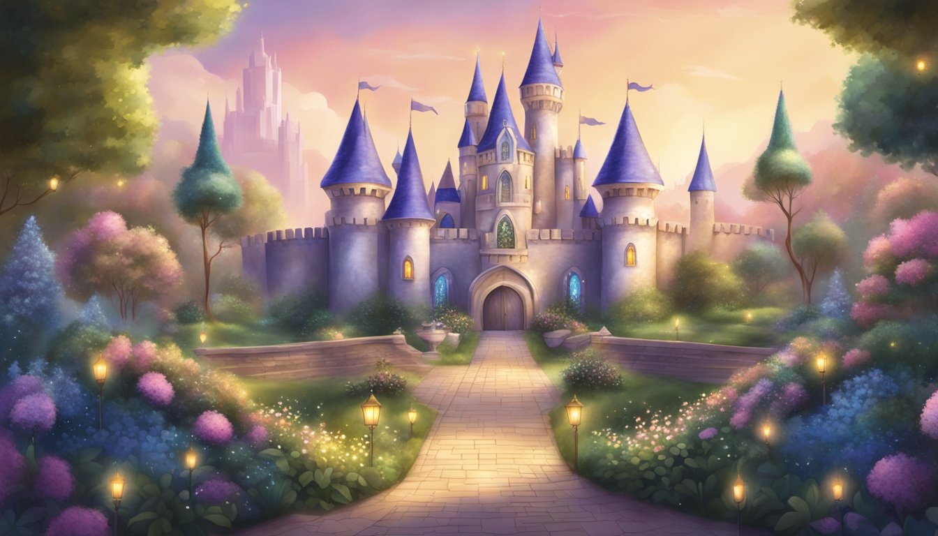 A magical castle with sparkly towers and a grand entrance, surrounded by lush gardens and twinkling lights