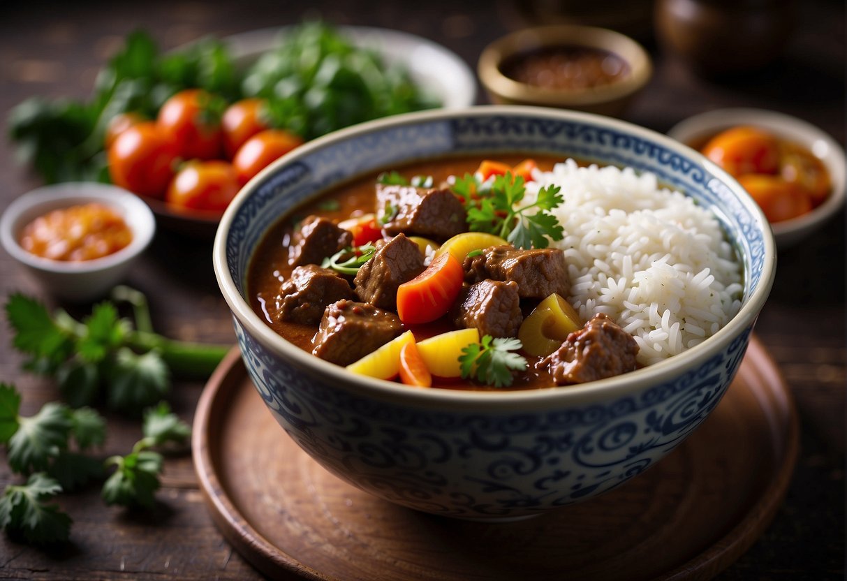 A steaming bowl of Chinese beef curry with visible chunks of tender meat and vibrant vegetables, accompanied by a side of fluffy white rice