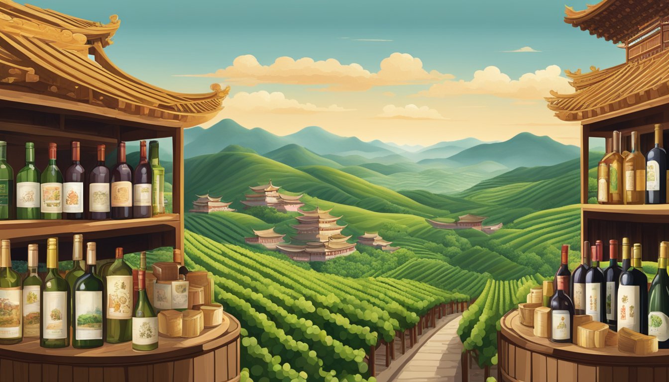 Vineyards sprawl across the rolling hills, adorned with traditional Chinese architecture. Bottles of renowned Chinese wine line the shelves of a bustling market, showcasing the rise of local wine brands