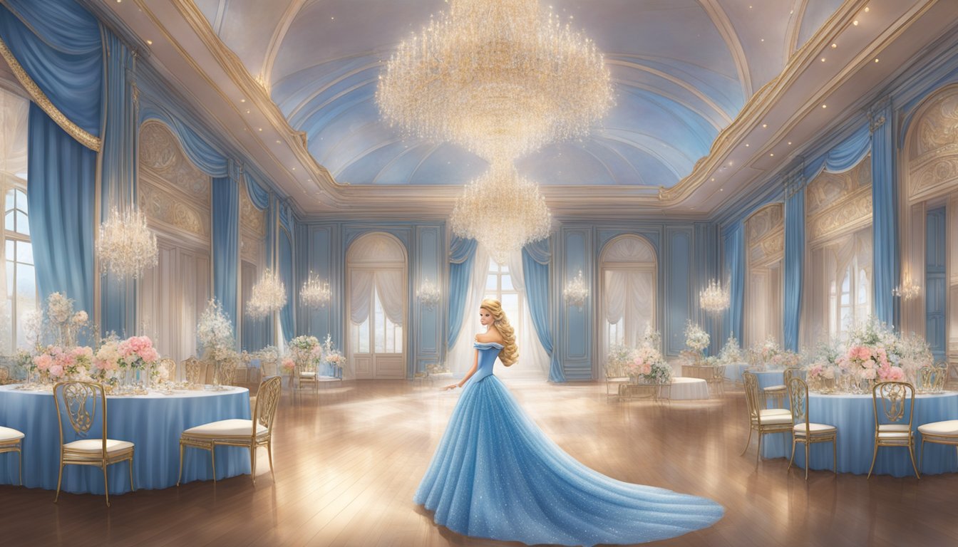 A grand ballroom filled with elegant gowns and sparkling accessories, showcasing the luxurious and enchanting Signature Collections Cinderella clothing brand