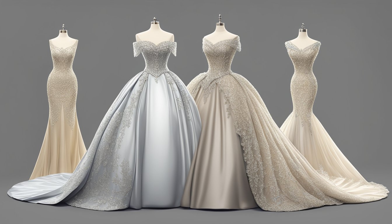 A regal ball gown displayed on a mannequin, surrounded by luxurious fabrics and elegant accessories