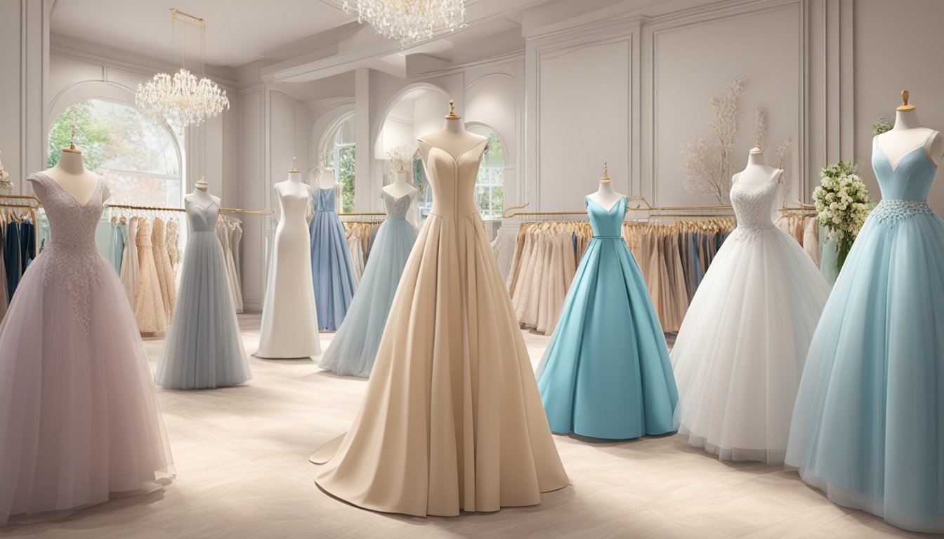 Customers browse racks of elegant dresses at Cinderella Clothing Brand store. Mannequins model the latest designs, while staff assist shoppers with personalized styling advice