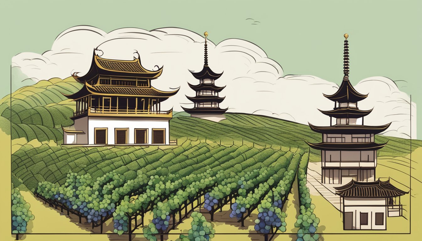 A vineyard with rows of grapevines, a traditional Chinese pagoda, and a sign displaying notable Chinese wine brands