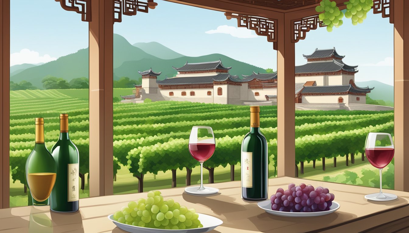 Vineyard with lush grapevines, traditional Chinese architecture in the background, and bottles of Chinese wine on display