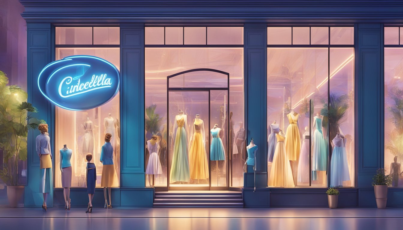 A vibrant and modern storefront with mannequins displaying the latest Cinderella clothing brand styles and trends. Bright lights and stylish decor draw in passersby