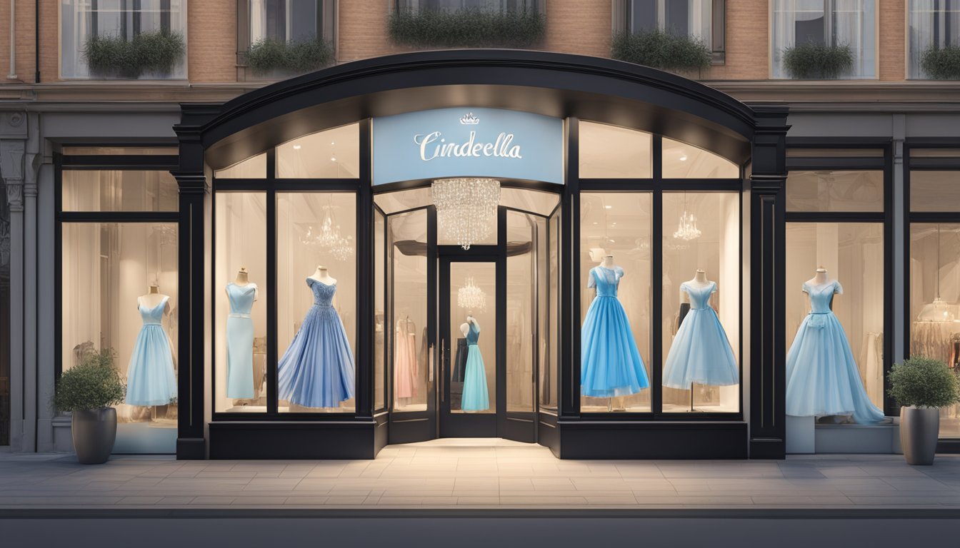 The Cinderella clothing brand logo displayed prominently on a storefront window, surrounded by elegant and modern fashion designs