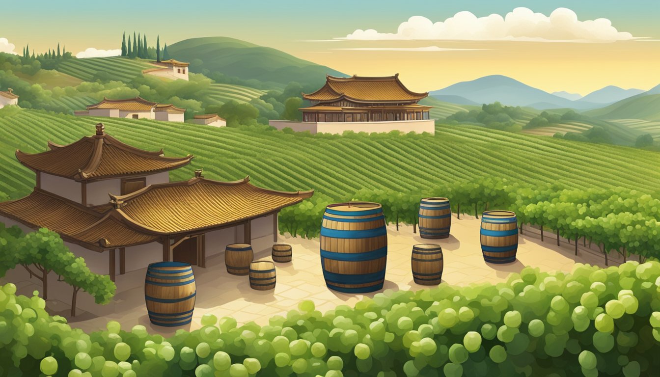 Vineyards sprawl across rolling hills, with traditional Chinese architecture in the background. Winemaking equipment and barrels are scattered throughout the scene, showcasing the fusion of ancient traditions and modern techniques in Chinese wine production