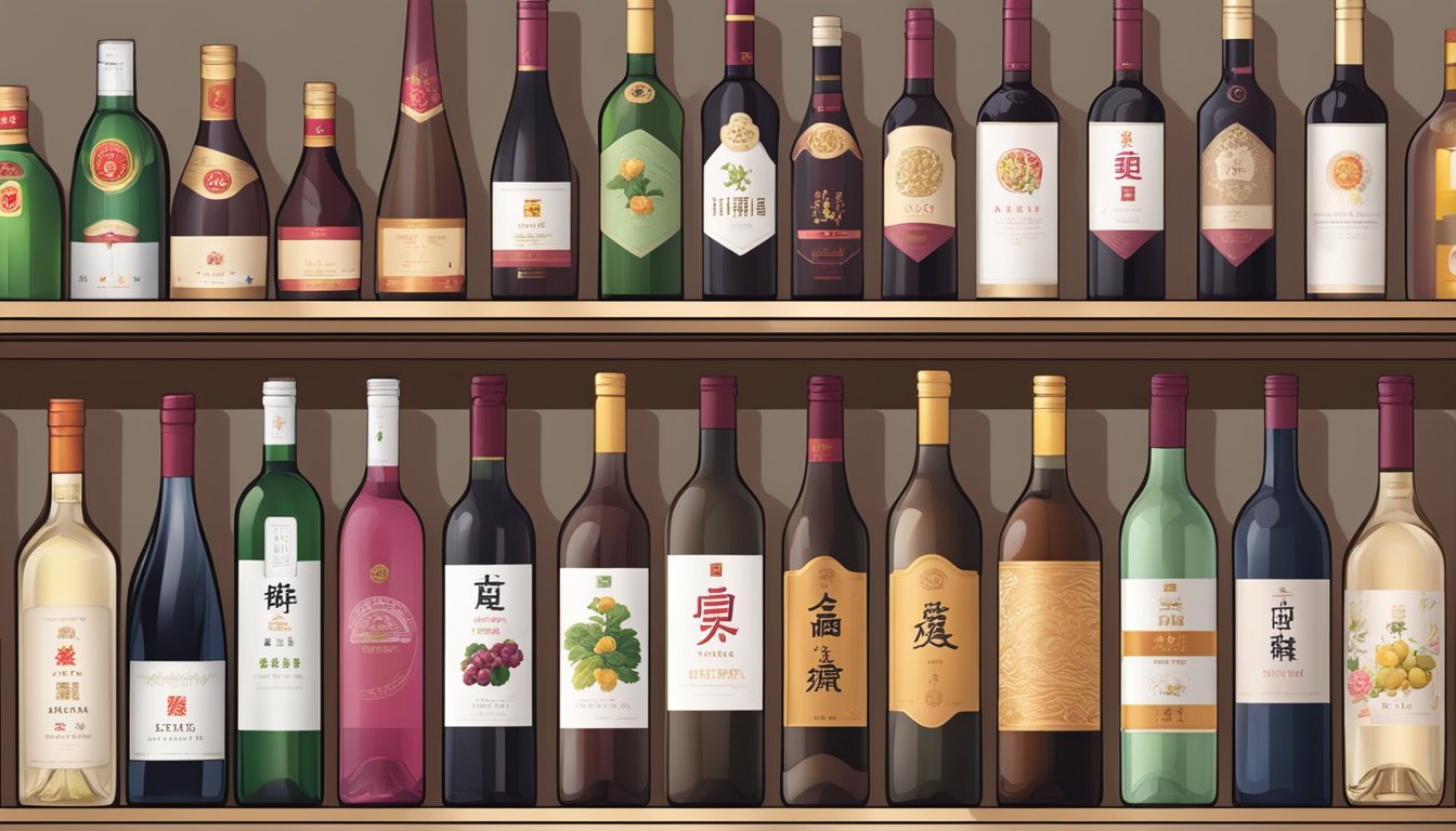 Shelves lined with Chinese wine brands, diverse labels and packaging, customers browsing and sampling