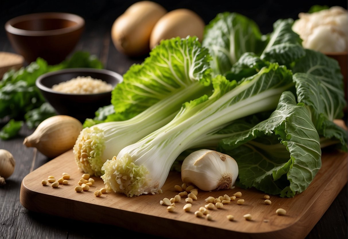A vibrant assortment of fresh Chinese cabbage, ginger, garlic, and soy sauce arranged on a wooden cutting board