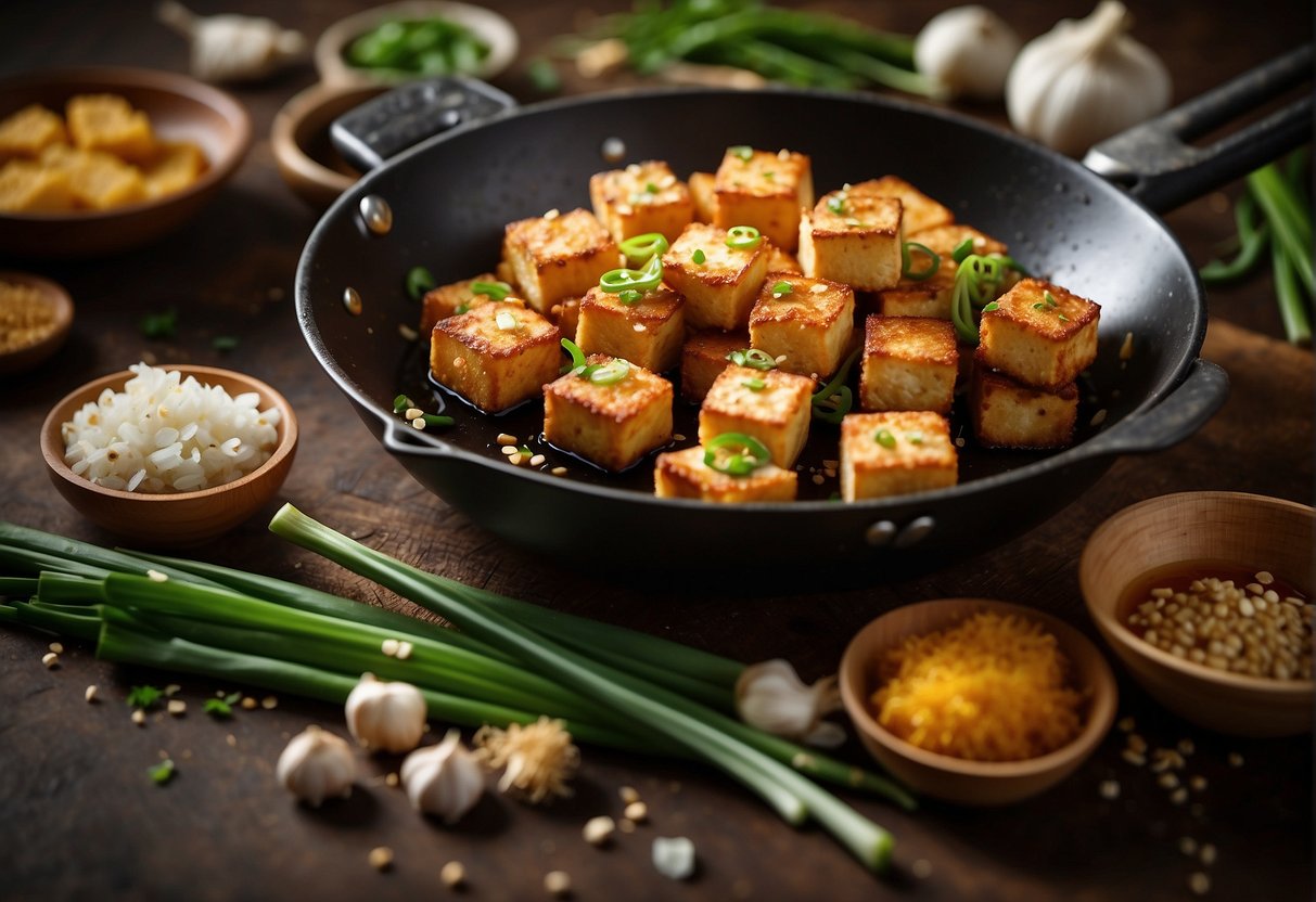 Golden cubes of crispy deep-fried tofu sizzle in a wok, surrounded by aromatic garlic, ginger, and green onions. Soy sauce and sesame oil add a savory finish
