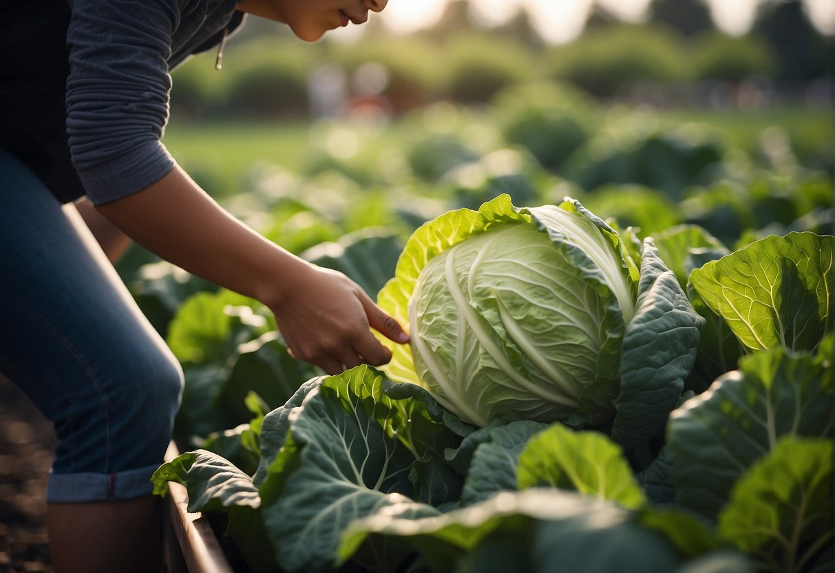 A person picking fresh Chinese cabbage from a garden
