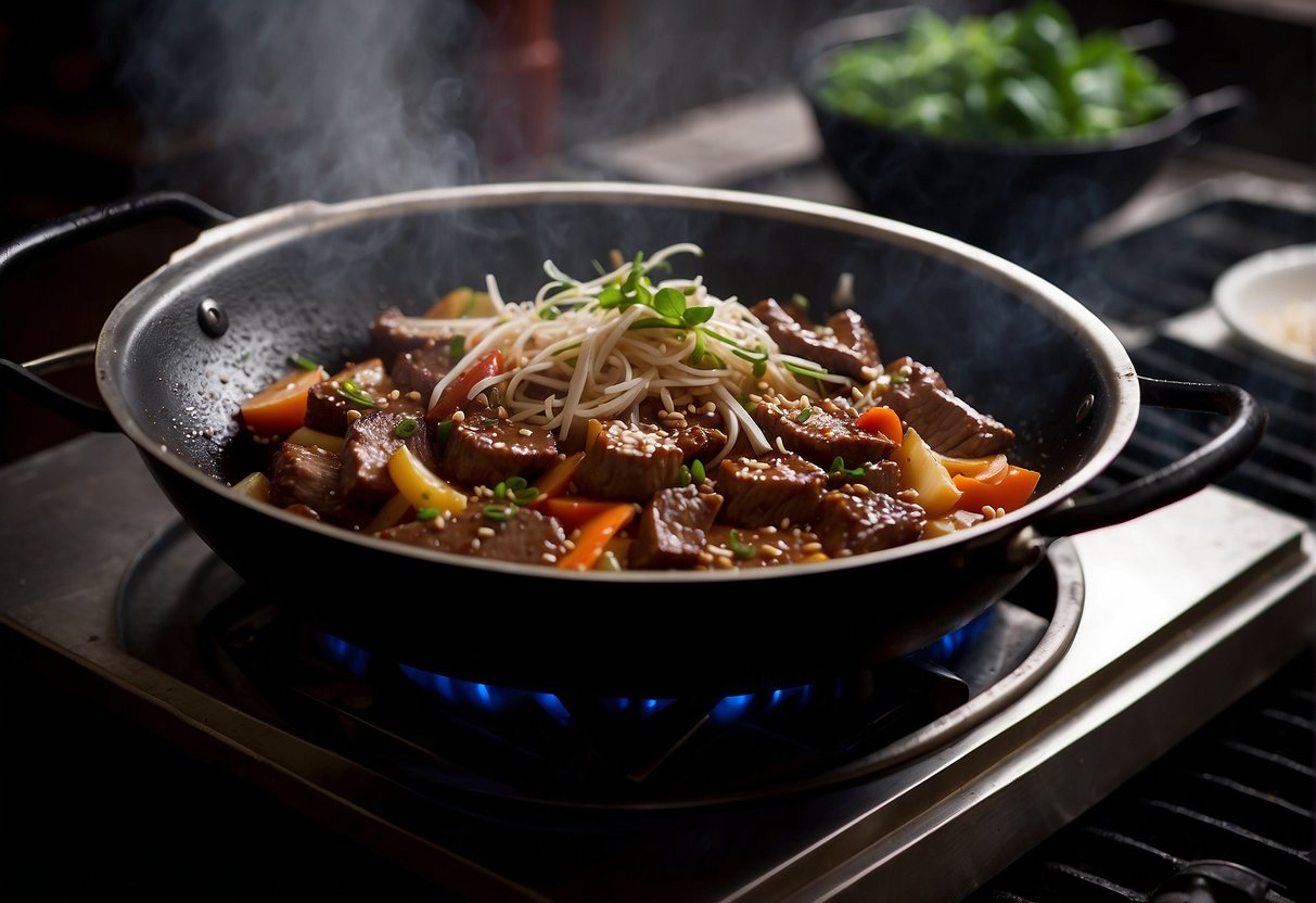 A wok sizzles with marinated beef flank, ginger, and garlic, as steam rises and the aroma of soy sauce and spices fills the air