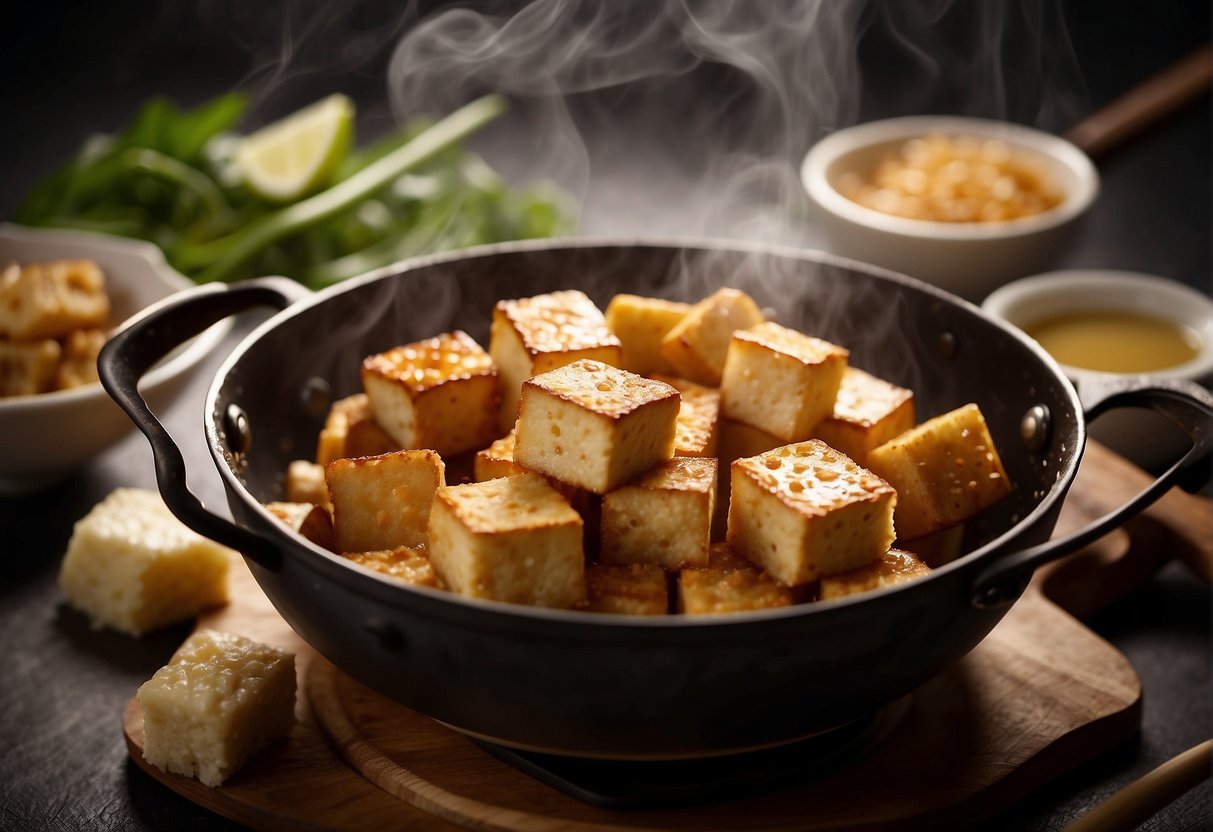 Golden cubes of deep-fried tofu sizzle in a wok, surrounded by bubbling oil. A pair of chopsticks hovers above, ready to flip the crispy pieces