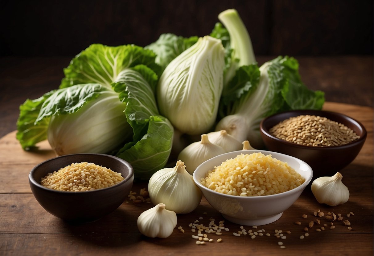 Fresh Chinese cabbage, garlic, ginger, soy sauce, and sesame oil on a wooden cutting board. A mortar and pestle with spices in the background