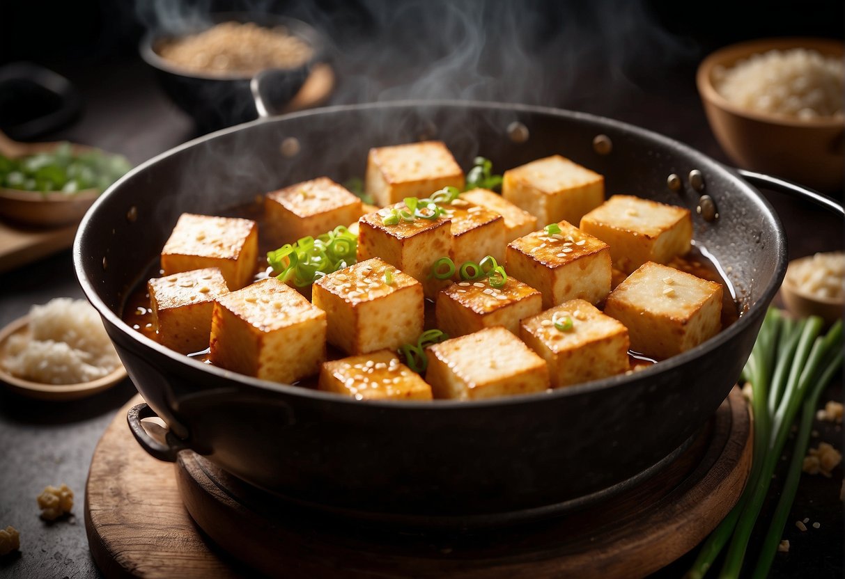 Golden cubes of deep-fried tofu sizzling in a wok with garlic, ginger, and chili, surrounded by soy sauce, sesame oil, and green onions