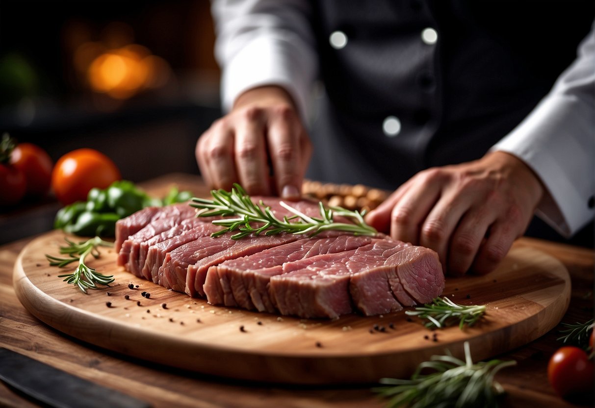 A chef carefully slices marinated beef flank on a wooden cutting board