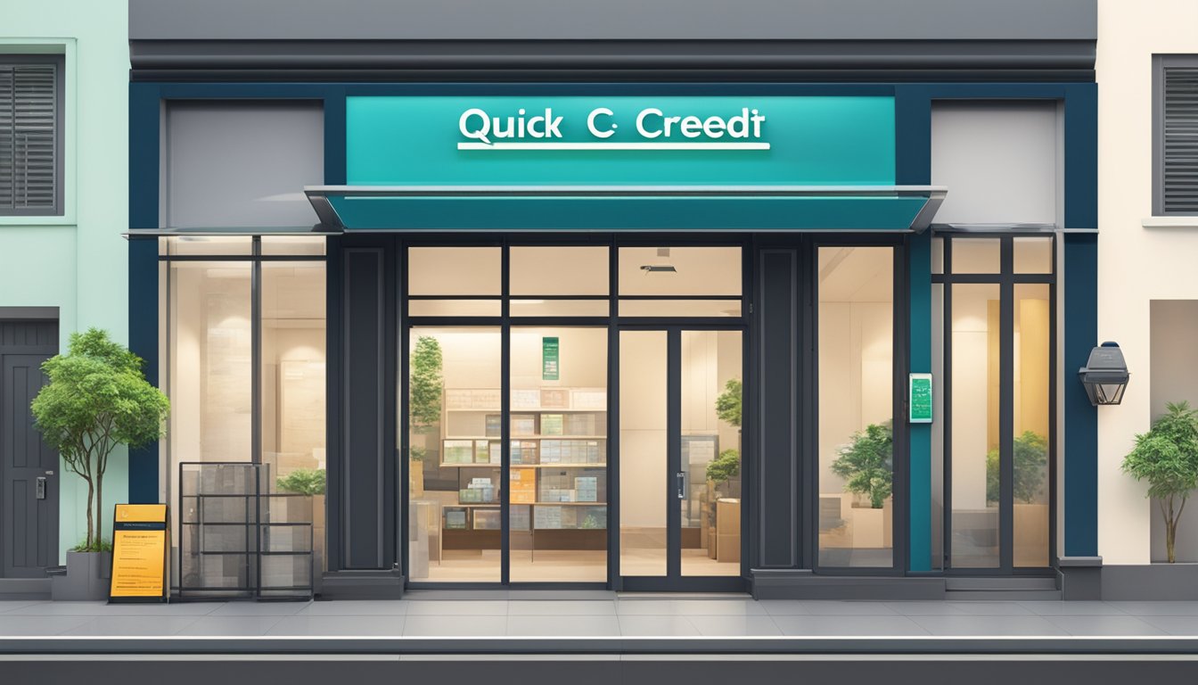A storefront of Quick Credit Pte Ltd money lender in Tanjong Pagar, Singapore, with a prominent sign and modern, professional appearance