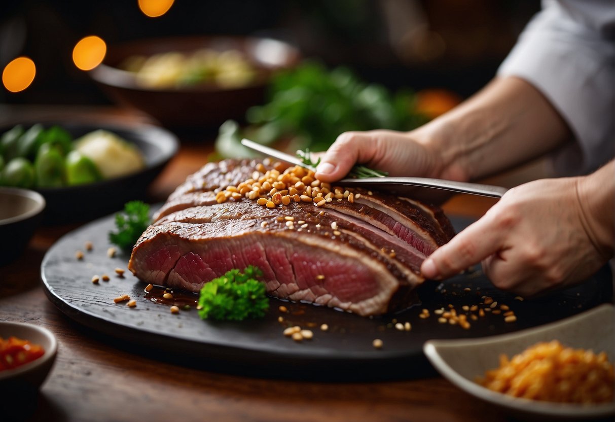 A chef slicing marinated beef flank with ginger and soy sauce for a Chinese recipe