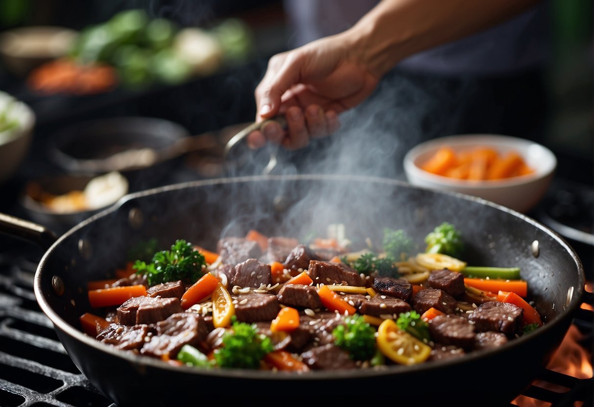 Searing marinated beef in hot wok, adding ginger, garlic, and soy sauce. Stir-frying with vegetables and serving over steamed rice