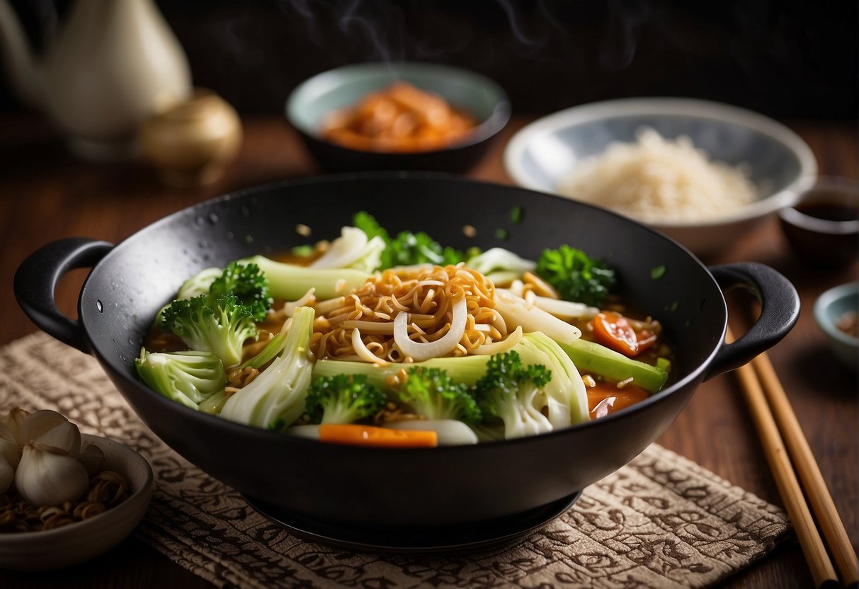 A wok sizzles with stir-fried Chinese cabbage, garlic, and soy sauce. A steaming bowl of cabbage soup sits nearby. Chopsticks rest on a patterned tablecloth
