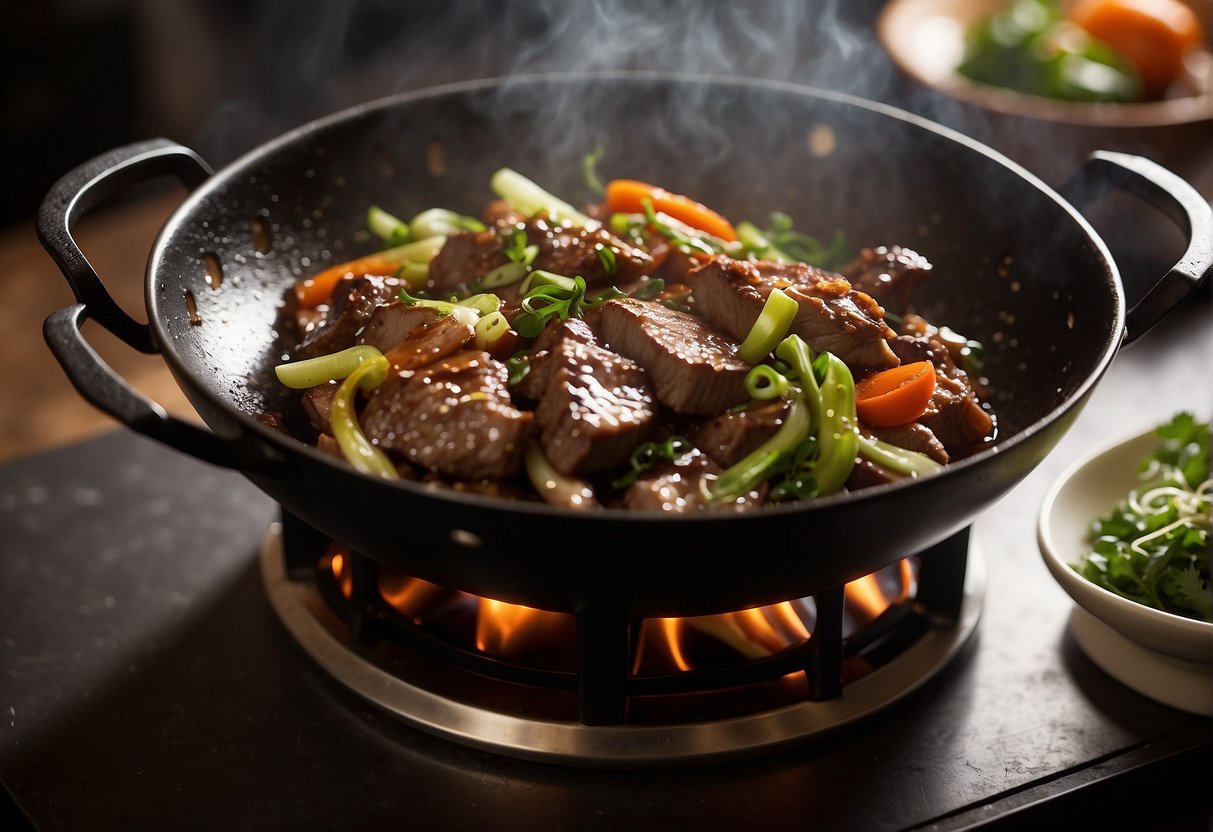 A wok sizzles as beef flank simmers in a fragrant blend of soy sauce, ginger, and garlic. Steam rises as the sauce thickens, creating a mouthwatering aroma