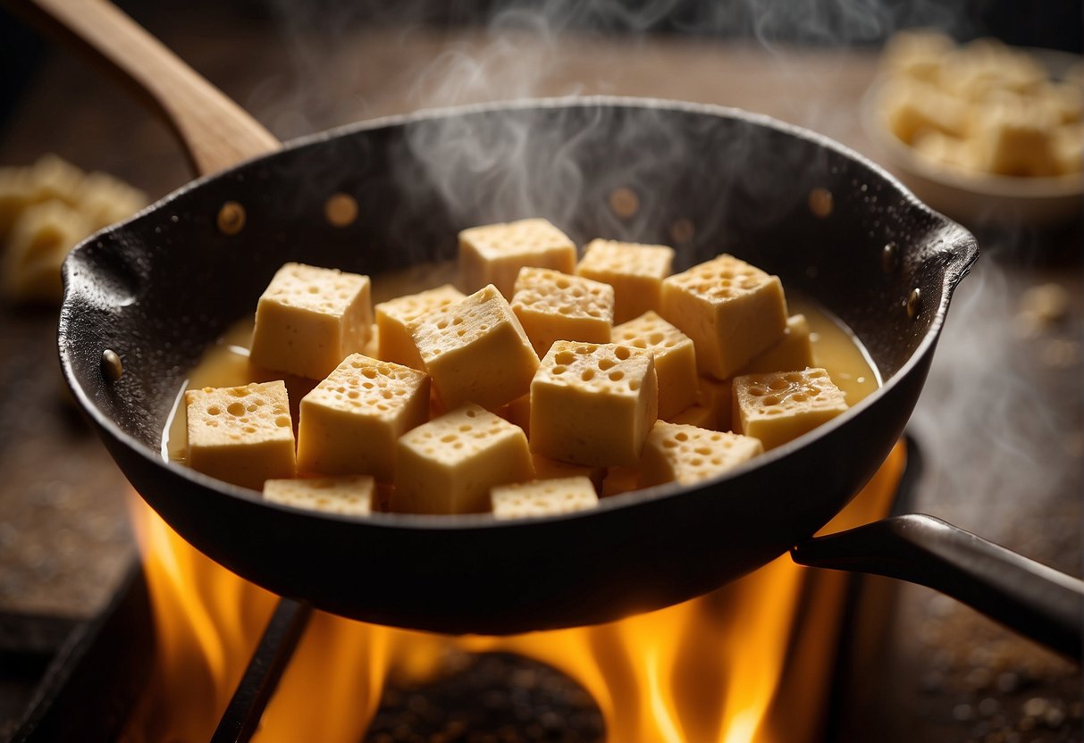 Tofu cubes dipped in batter, sizzling in hot oil. Steam rising, golden brown tofu being carefully flipped with tongs. Ingredients and utensils neatly arranged nearby