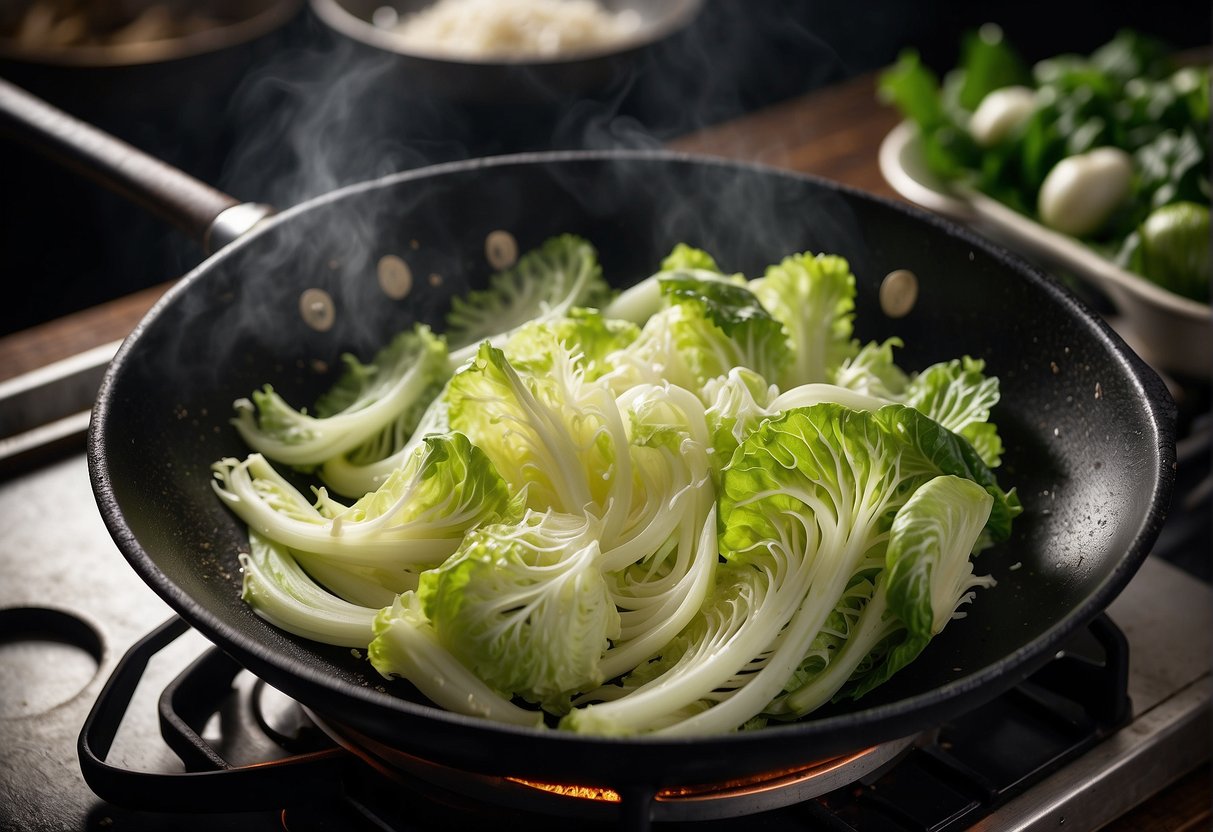 Chinese cabbage being sliced and stir-fried in a wok with garlic and soy sauce. Steam rising from the sizzling pan