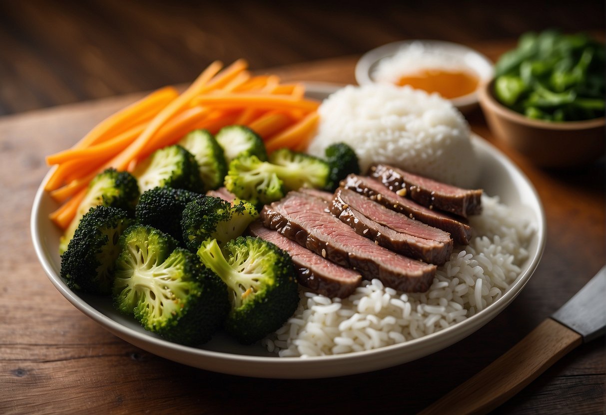 A platter of sliced Chinese beef flank with a side of steamed vegetables and a bowl of rice, arranged neatly on a wooden table