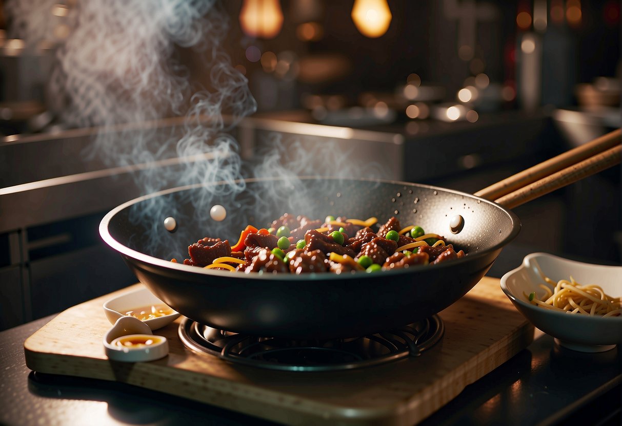 A sizzling wok tosses marinated beef slices with ginger, garlic, and soy sauce, creating a mouthwatering aroma in a bustling Chinese kitchen
