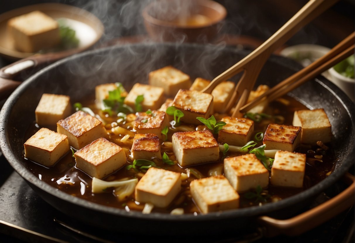 Tofu sizzling in hot oil, turning golden brown. Steam rising, chopsticks ready to scoop out crispy pieces