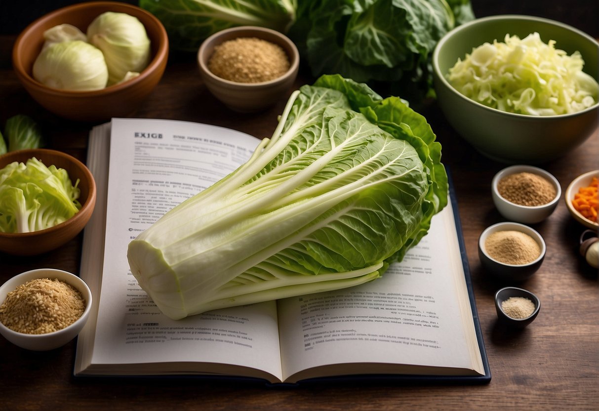 A table filled with colorful, fresh Chinese cabbage surrounded by various cooking ingredients and utensils. A recipe book open to a page titled "Frequently Asked Questions delicious Chinese cabbage recipes" sits nearby