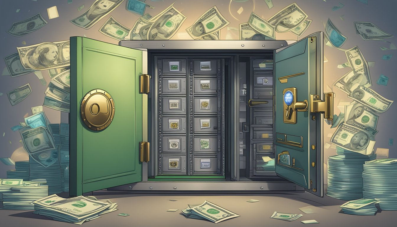 A locked vault with a shield and padlock, surrounded by a digital security system and a list of licensed money lenders in Singapore