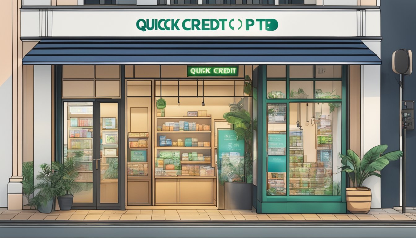 A storefront in Tanjong Pagar, Singapore, with a sign reading "Quick Credit Pte Ltd" and a money lender logo