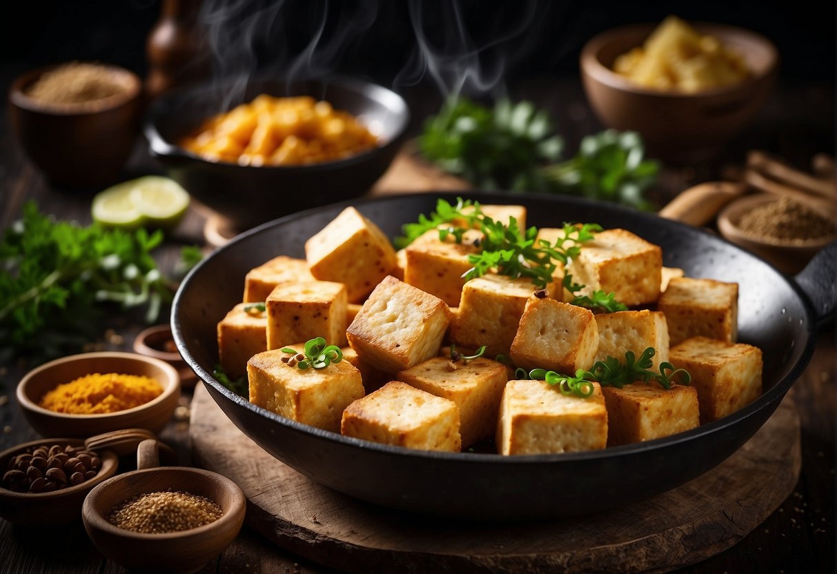 Golden cubes of deep fried tofu sizzle in a wok, surrounded by aromatic Chinese spices and herbs, ready to be paired with a flavorful dipping sauce