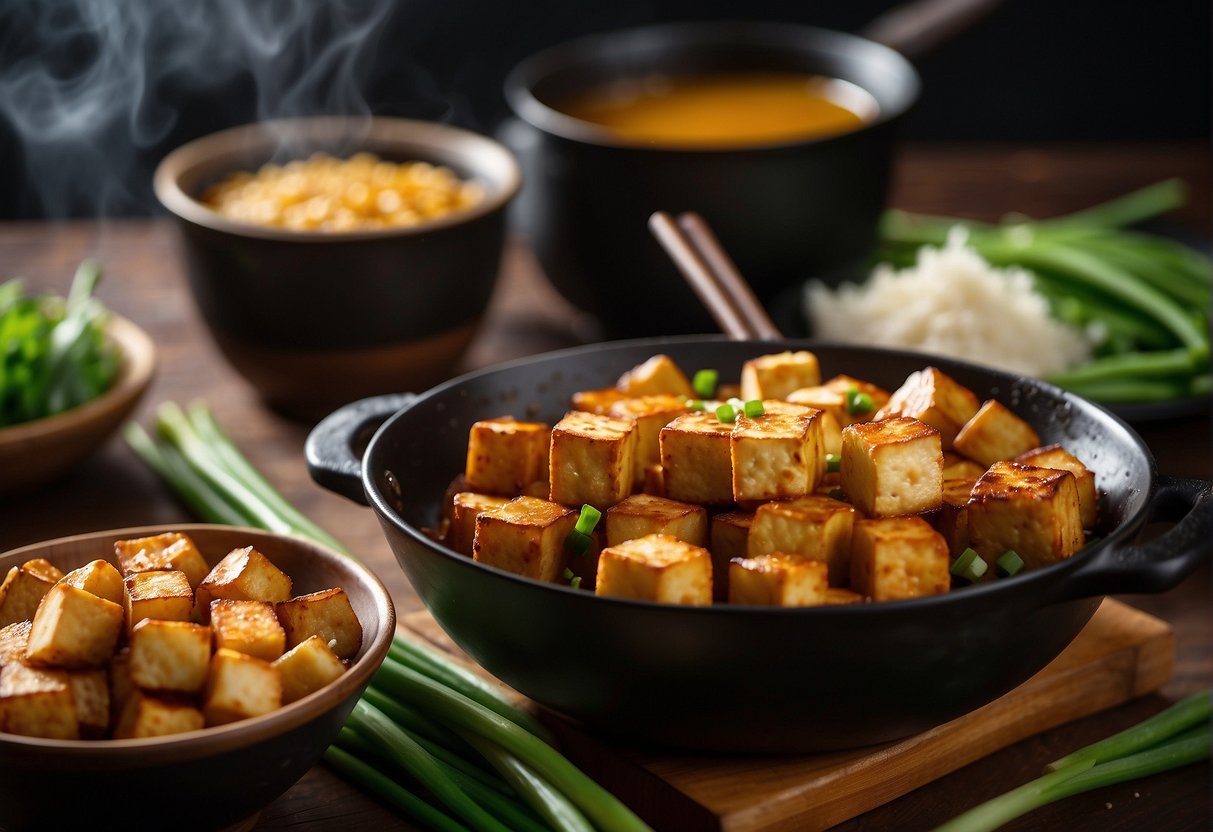 Golden cubes of crispy tofu sizzle in a hot wok, emitting a savory aroma. A bowl of soy sauce and a plate of green onions sit nearby