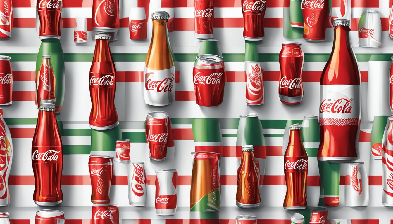 A table with various Coca Cola products arranged in rows and columns. The iconic red and white branding is prominently displayed on each item
