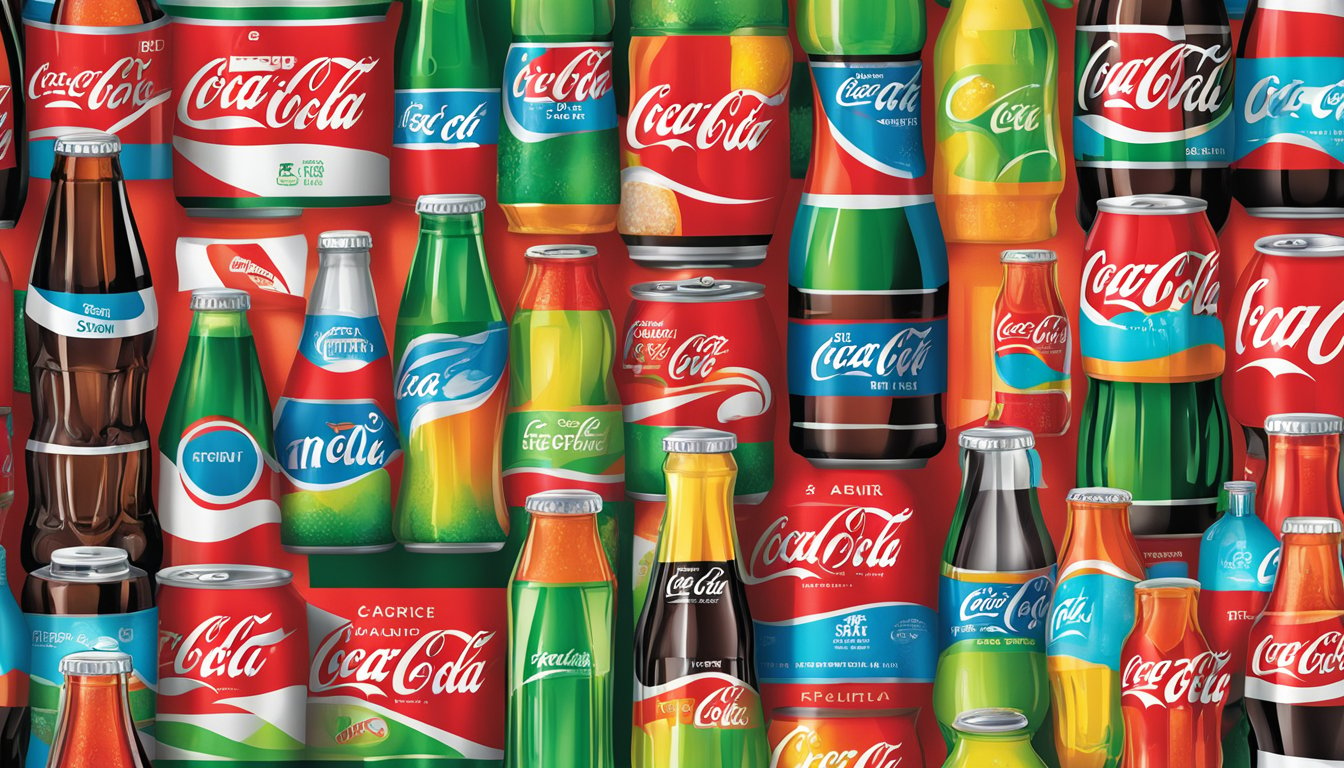 A table displays a variety of Coca-Cola brand products, including Coke, Sprite, and Fanta, with colorful packaging and iconic logos