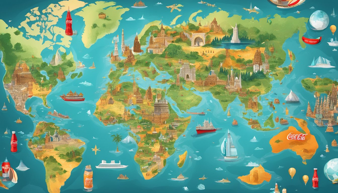 A world map with iconic landmarks and cultural symbols, surrounded by Coca Cola products and logos, representing its global presence and cultural impact
