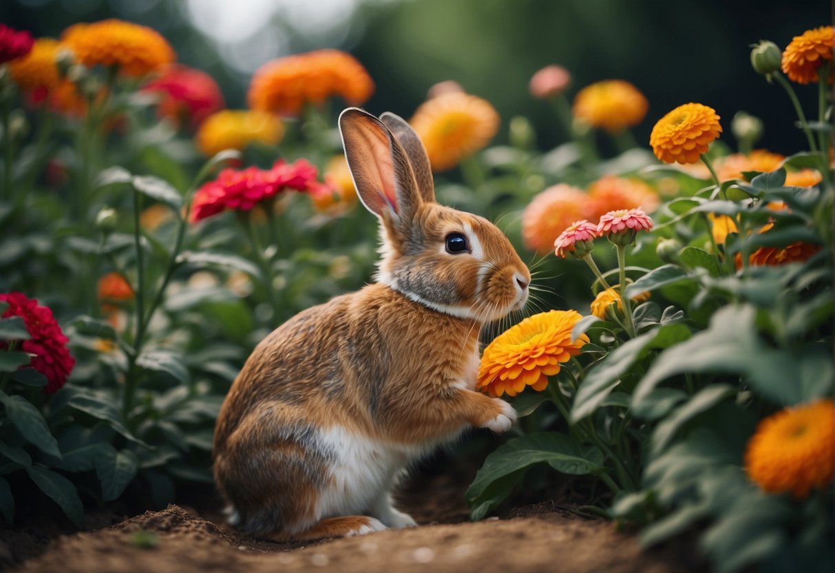 A mischievous rabbit nibbles on vibrant zinnias in a well-tended garden