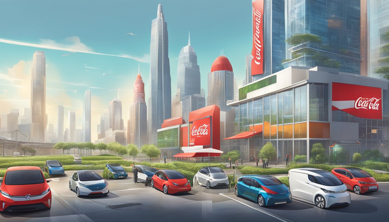 A bustling city skyline with Coca-Cola branded electric vehicles and renewable energy sources