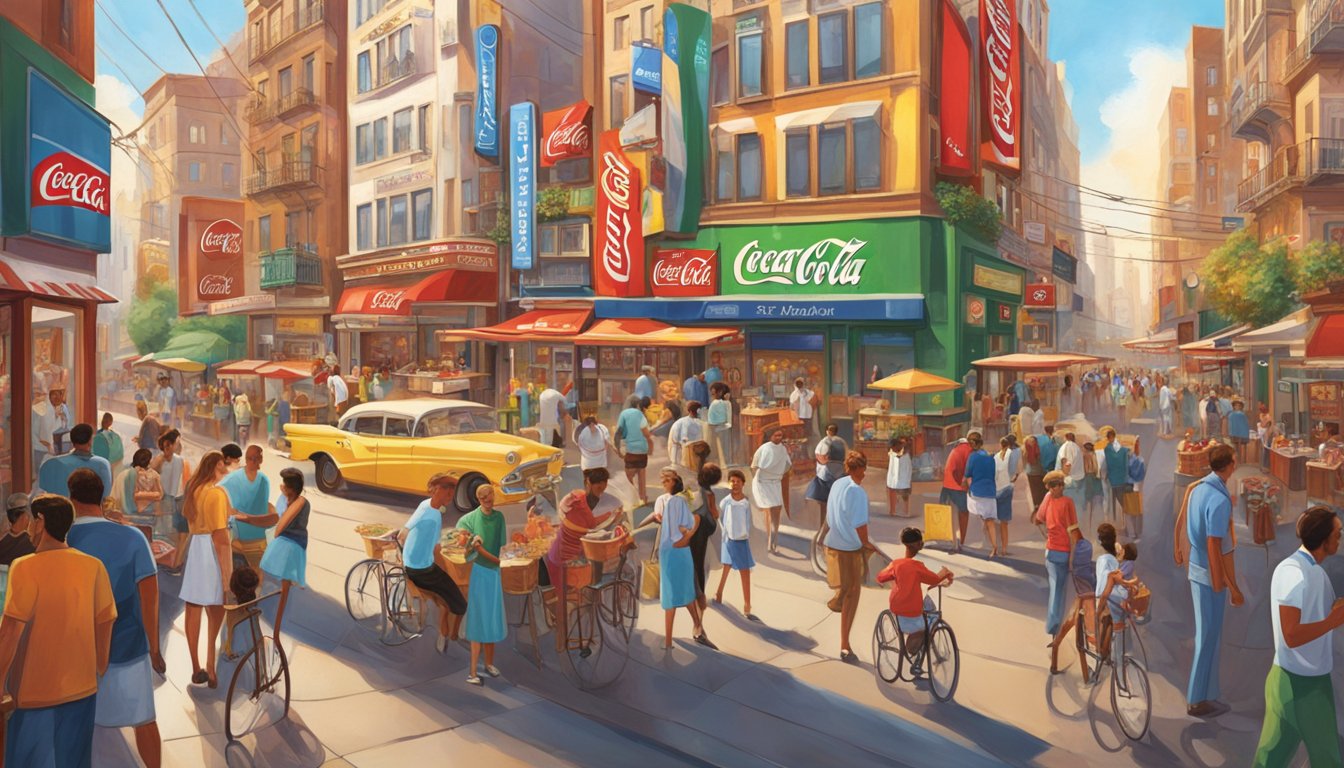 A vibrant, bustling city street with Coca-Cola logos and advertisements adorning buildings, billboards, and storefronts. People of all ages are seen enjoying Coca-Cola products in various settings, from outdoor cafes to sports events